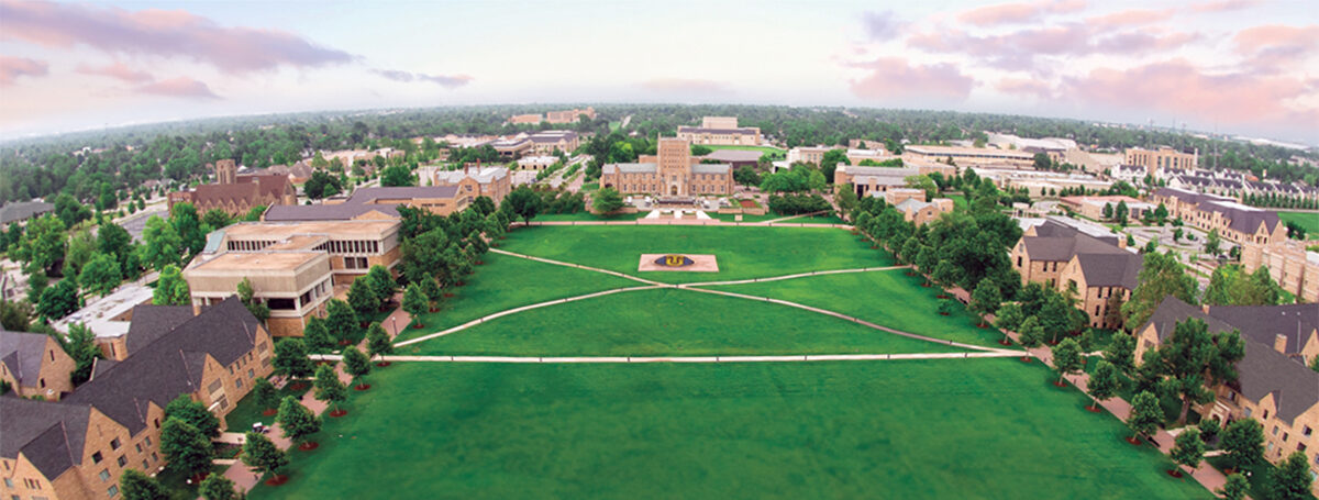 Aerial view of McFarlin Library at The University of Tulsa